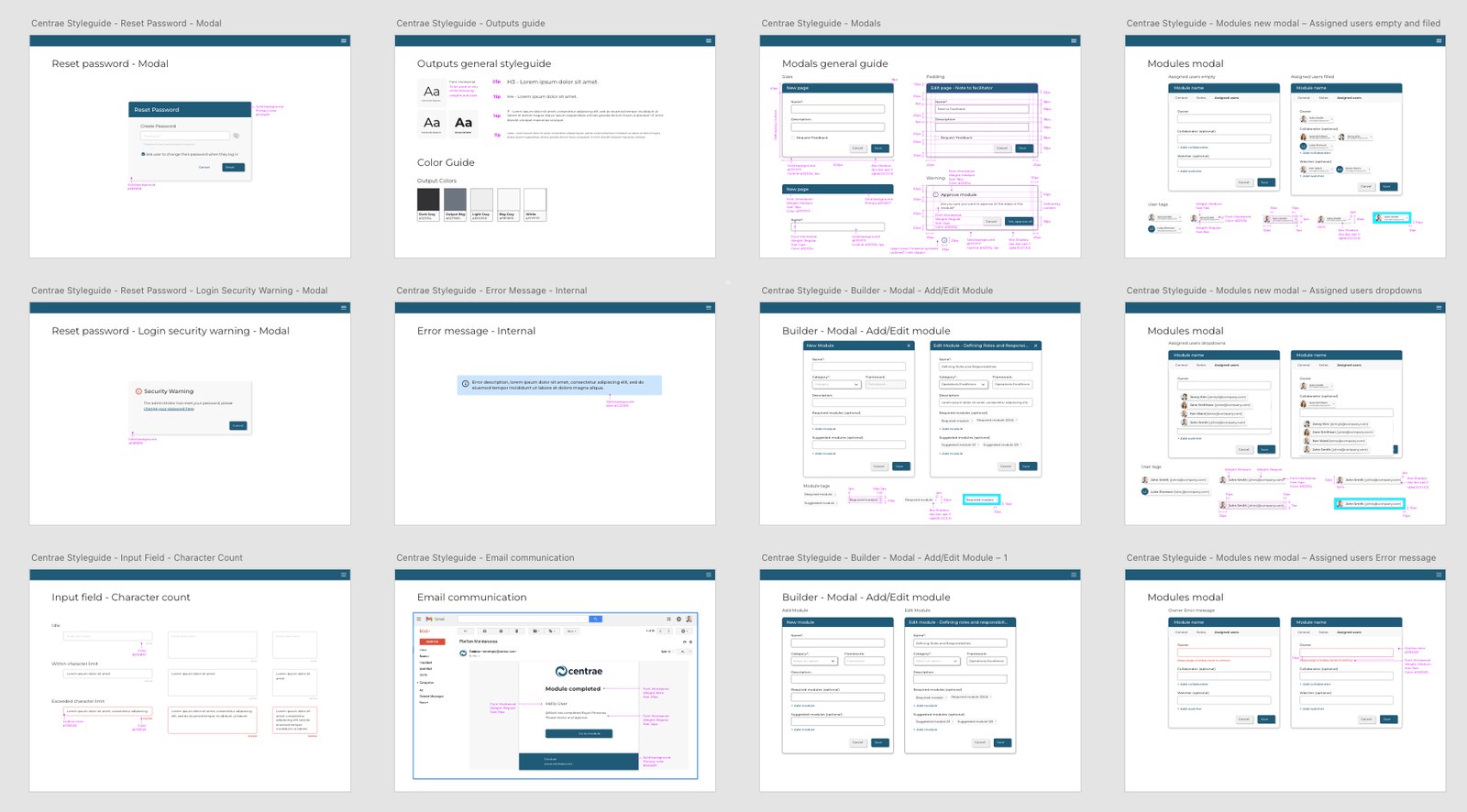 Centrae design system — modals, module builder, and assigned-user components